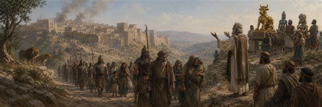 Assyrian guards leading exiles from Samaria while settlers bring idols and lions watch